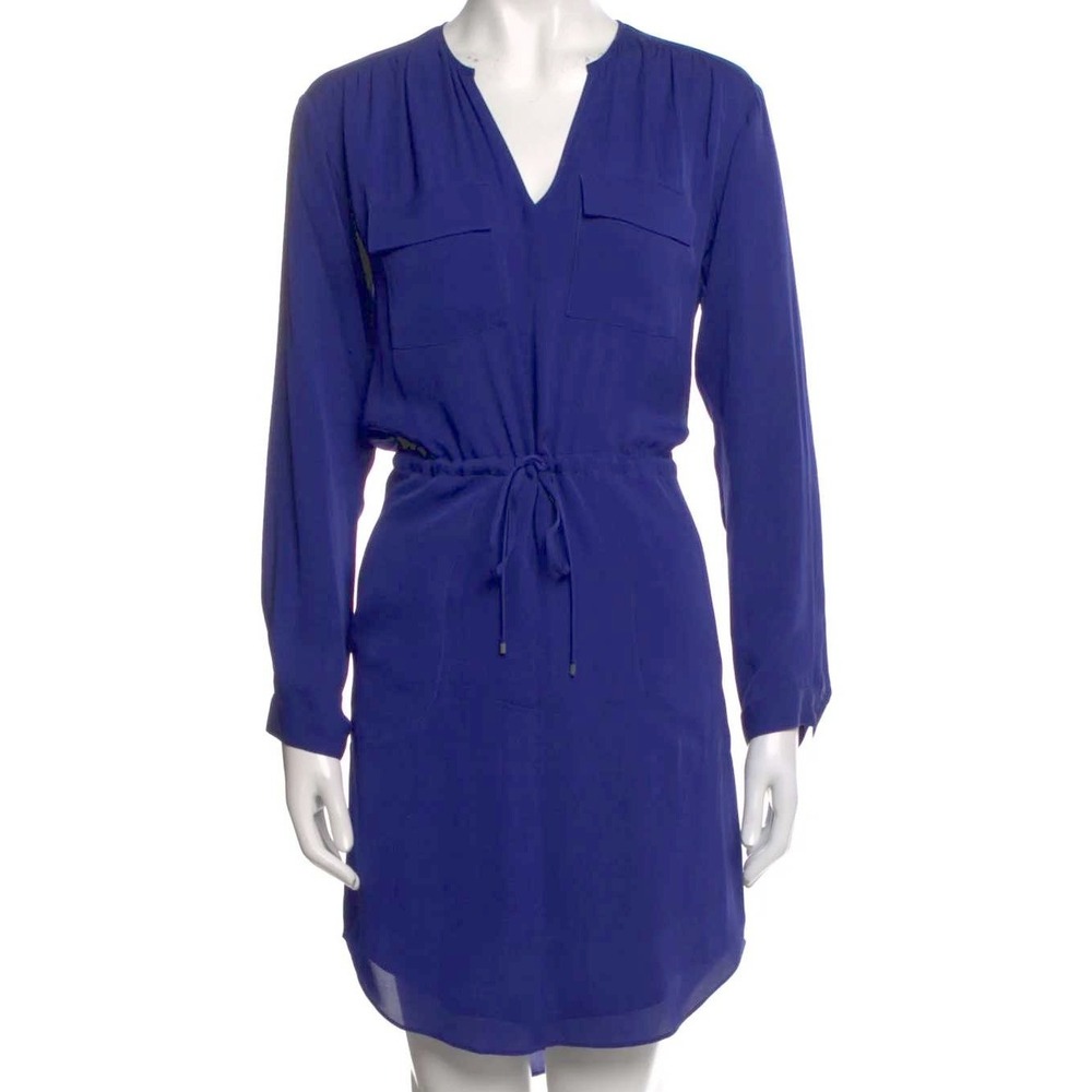 Rebecca Taylor Silk Mini Shirtdress Size 2 Blue Tie Waist Pockets Dress Workwear